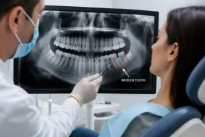 Dentist reviewing a dental X-ray with a patient to assess a broken tooth and determine the need for tooth extraction treatment.